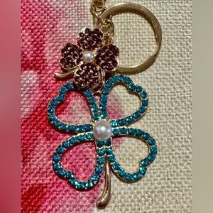 4 Leaf Clovers Bag Charm Teal Purple Rhinestones & Pearls Keychain Gold Tone NIP